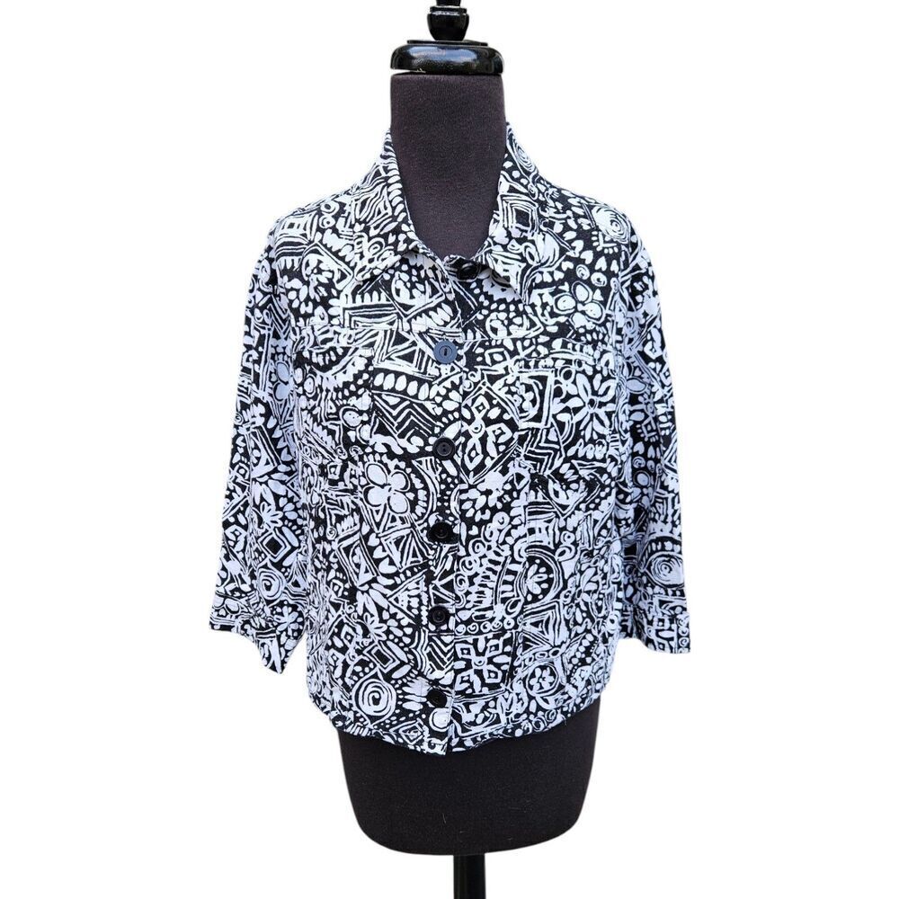 Vtg N Touch Geometric Collared Jacket Linen Blend 3/4 Sleeve size 16 PETITE